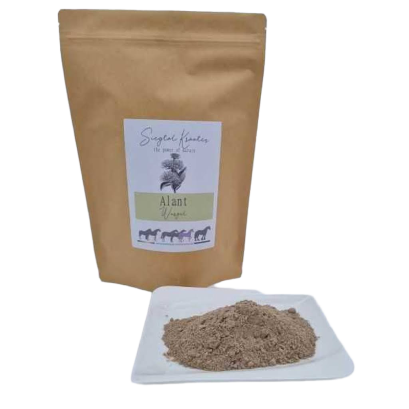 Siegtal Alantwurzel Pulver fuer Pferde und Hunde lose auf einem Teller mit Verkaufspackung dahinter