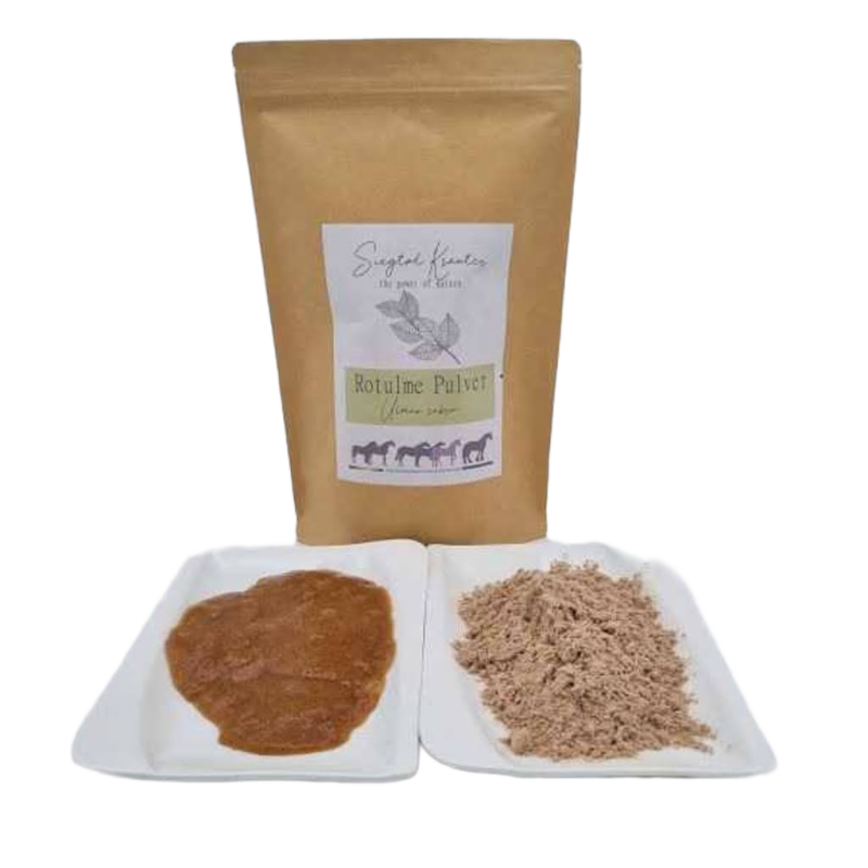 Siegtal Slippery Elm Bark Amerikanische Rotulme Pulver lose auf einem Teller mit Verkaufspackung
